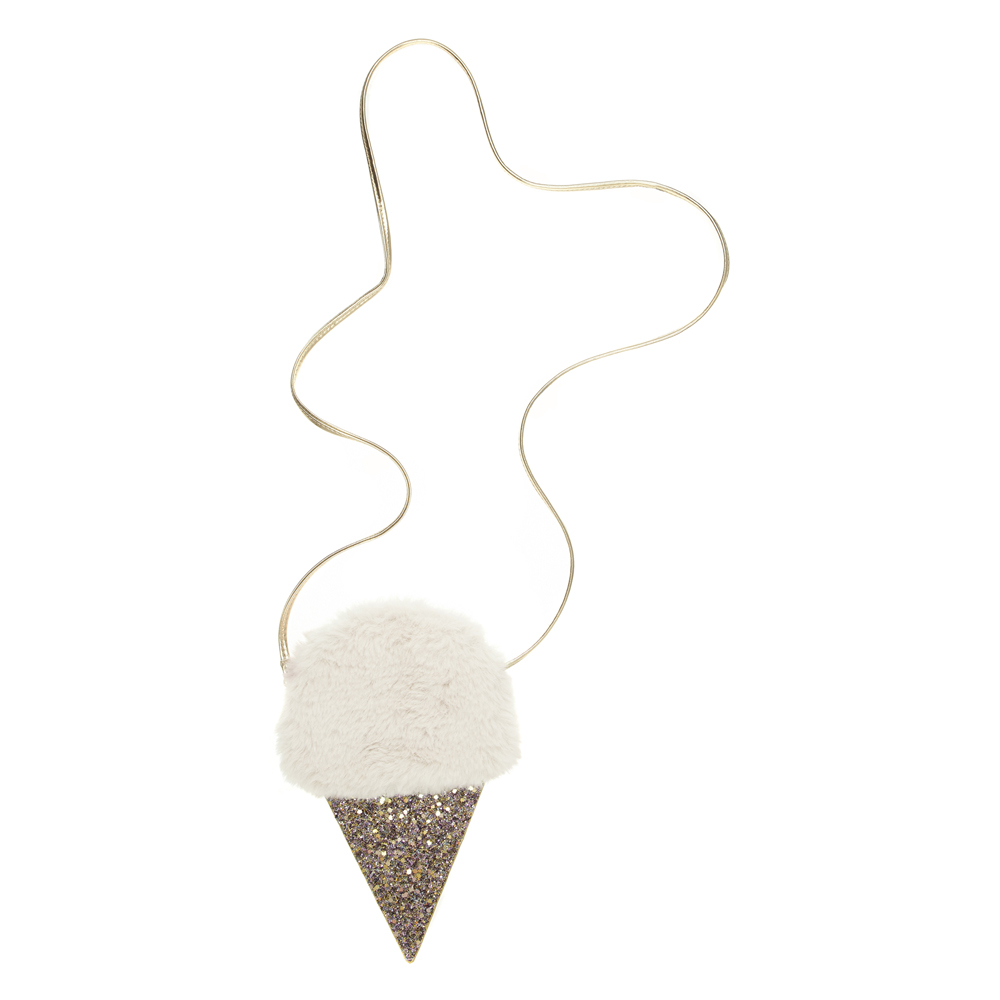VANILLA_ICECREAM Eistütenförmige Handtasche, Plüsch oben, glitzerndes Kegelmuster unten, goldene Umhängekette.