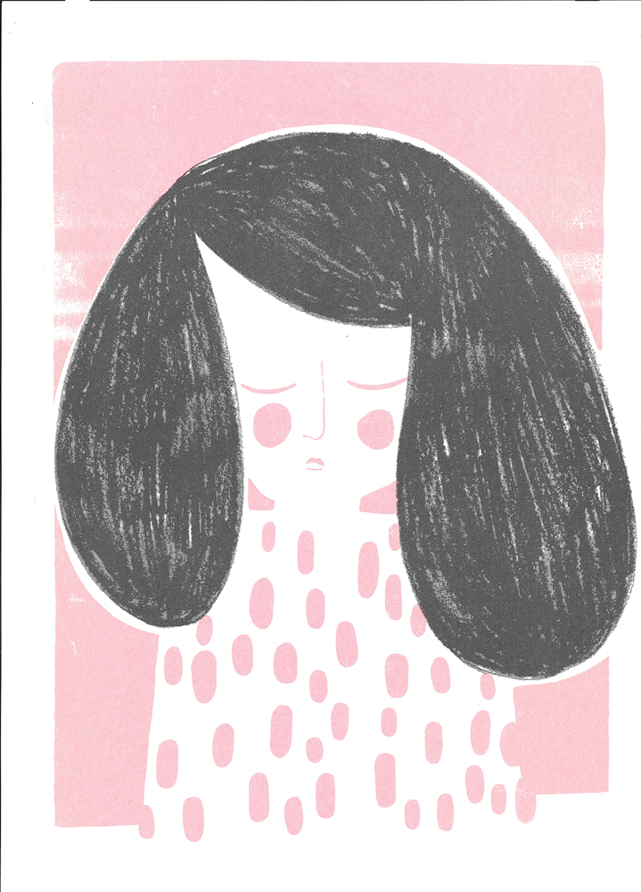 sadgirl_internet Grafikdruck, Mädchenillustration, rosa Hintergrund, schwarzes Haar, rosa Punkte.