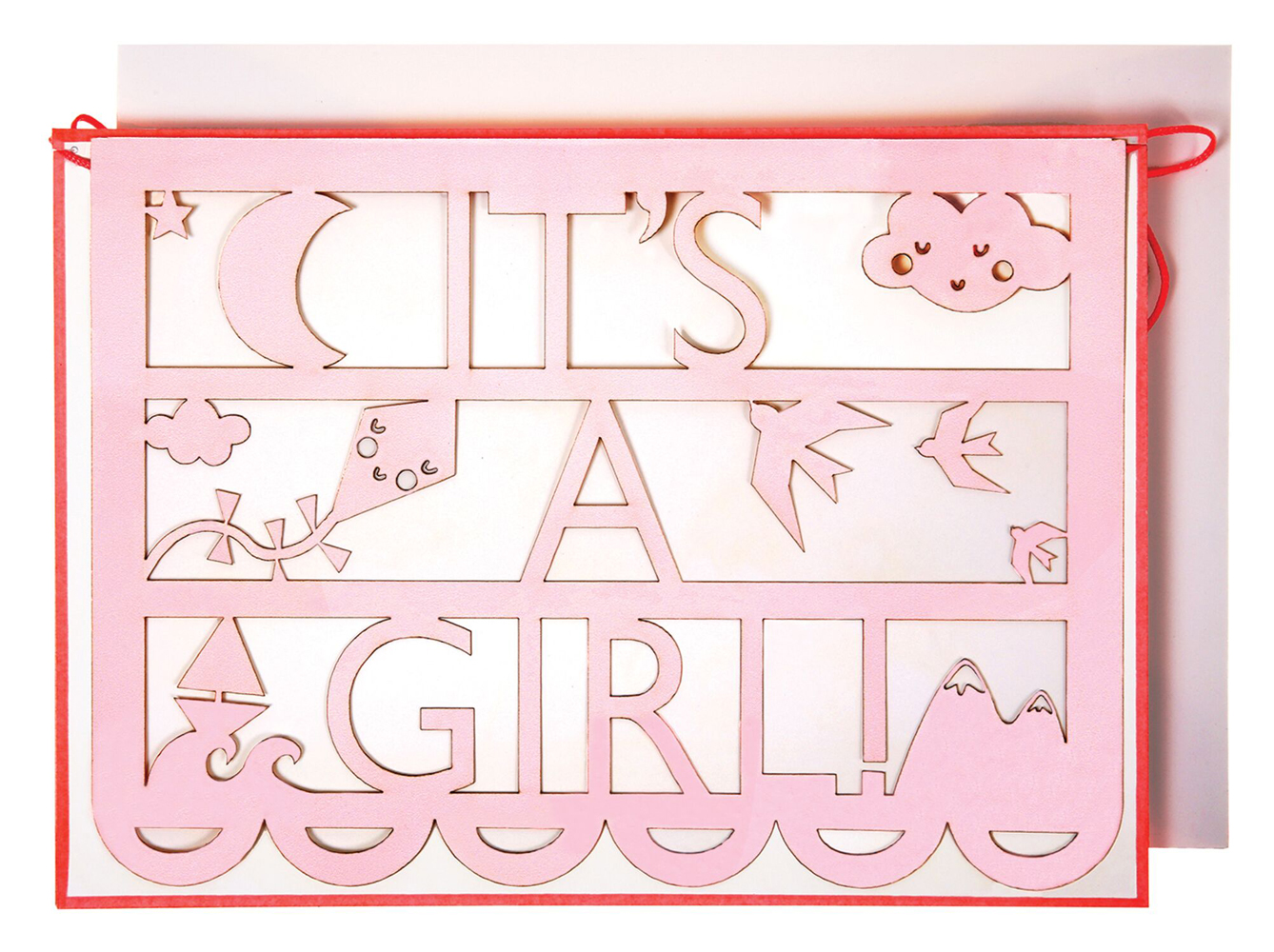 16-0167c1 Glückwunschkarte, rosa, "It's a Girl", Stanzdesign, Wolken-, Vogel-, Drachenmotive.