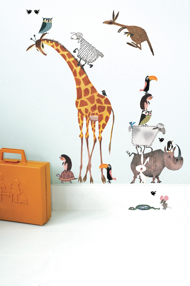 MS-609_int Wandsticker, Tiere, bunte Cartoon-Giraffe, Eule, Schaf, Känguru, Nashorn, Tucan, Hase, Schildkröte; orangefarbener Koffer, minimalistischer Stil.