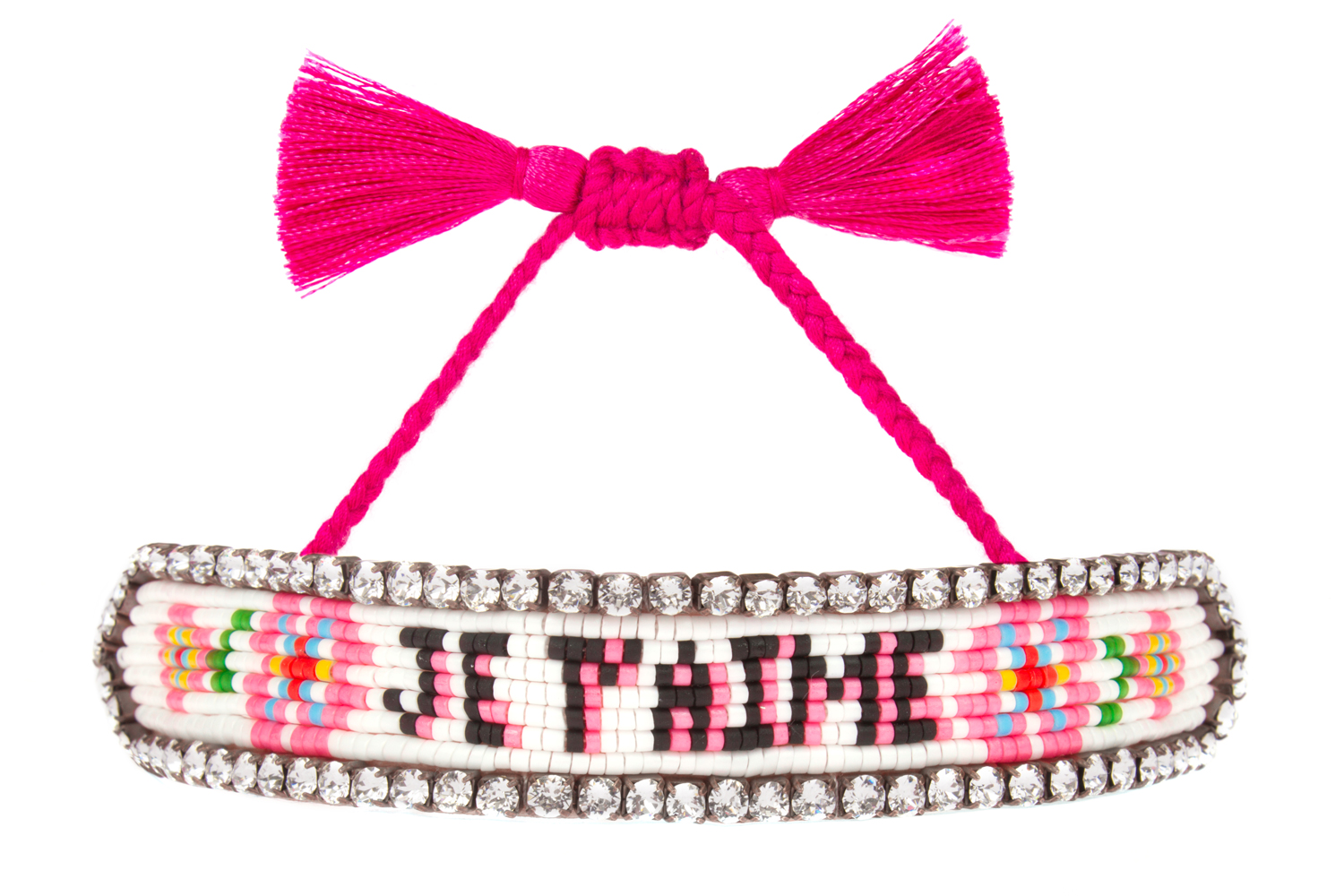 BRACELET-JE-TAIME-FLOWER Armband, pinkfarbenes Band, bunte Perlen, Aufdruck "Je T'aime", Strasssteine, Quastenenden.