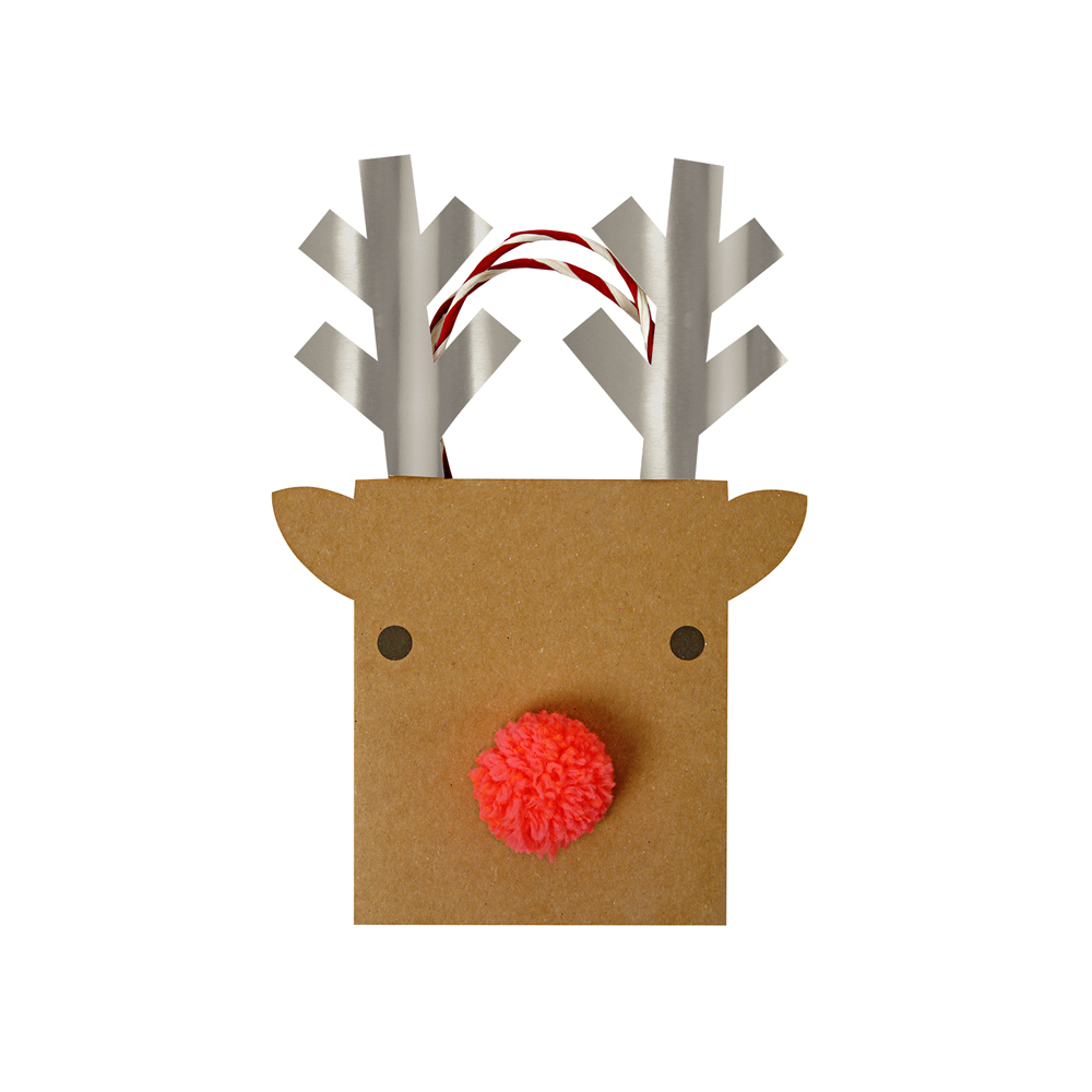 44-0149 Rentier-Geschenktüte, brauner Karton, roter Pompon als Nase, silberne Geweihe, Papiergriff mit rot-weißen Streifen.