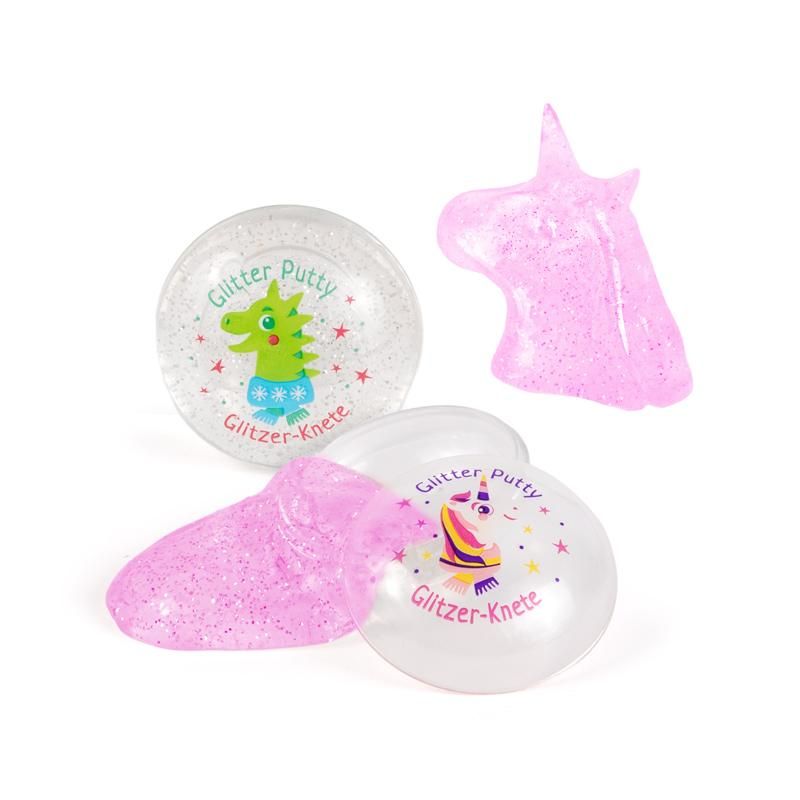 Knetmasse, rosa Glitzer, Einhornform, transparente Dose mit Einhorn- und Drachenaufdruck, Text: "Glitter Putty Glitzer-Knete".