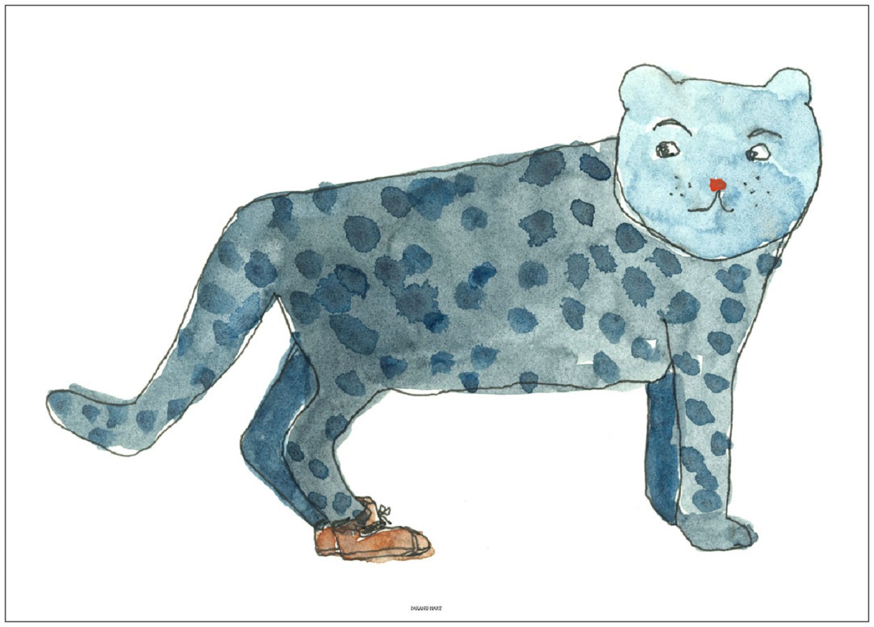 Boots Aquarellzeichnung, blaugrauer Gepard mit blauen Flecken, menschliches Gesicht, rote Nase, braune Schuhe.