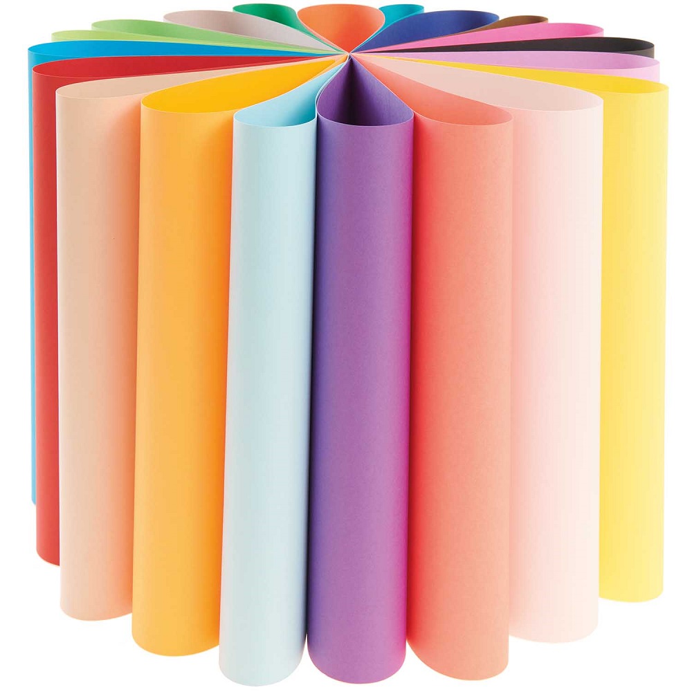 99010-09-25_aw_1 Buntes Bastelpapier, verschiedene Farben, aufgerollt, Regenbogenanordnung.