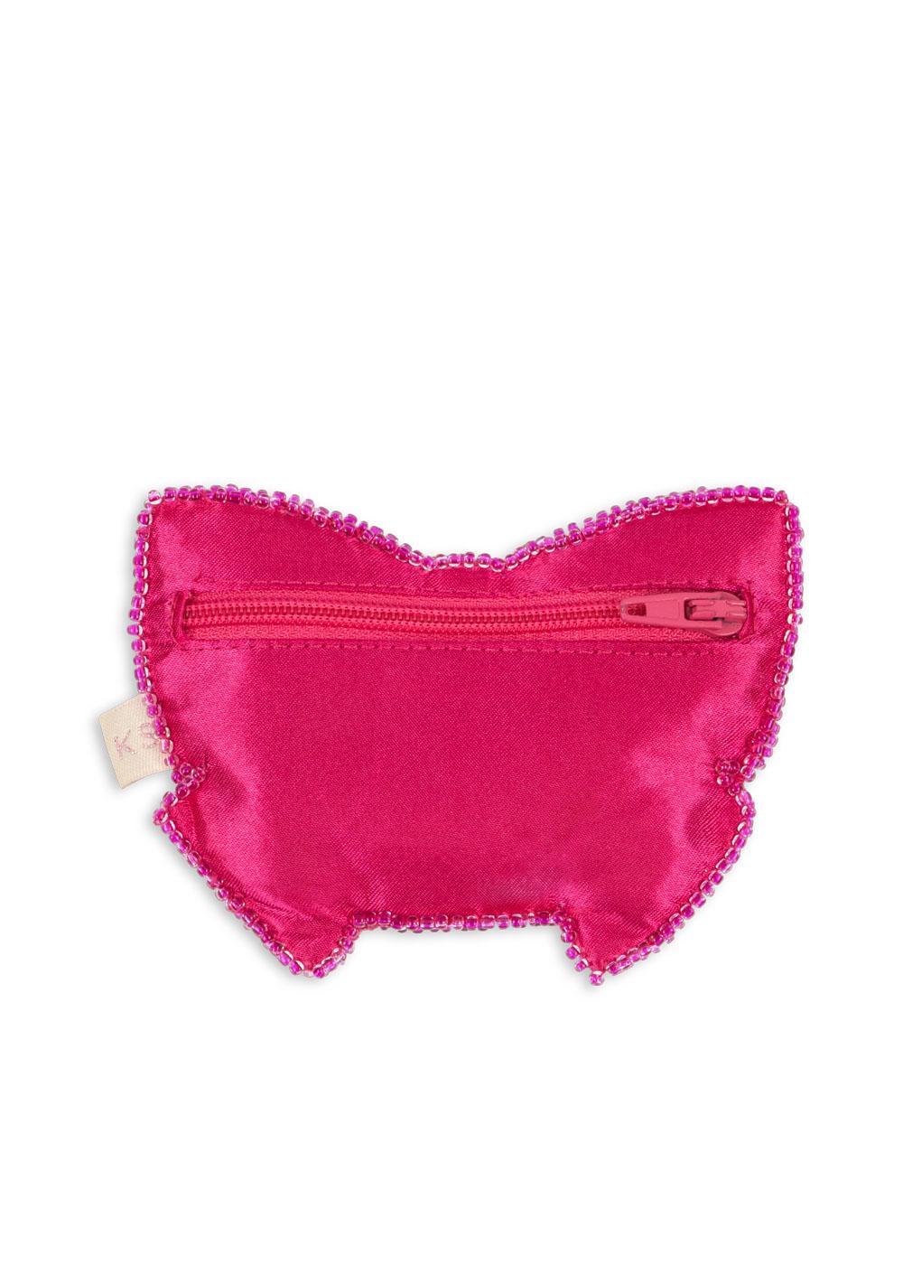 Pinkes Satintäschchen, Schmetterlingsform, Reißverschluss, Perlenrand.