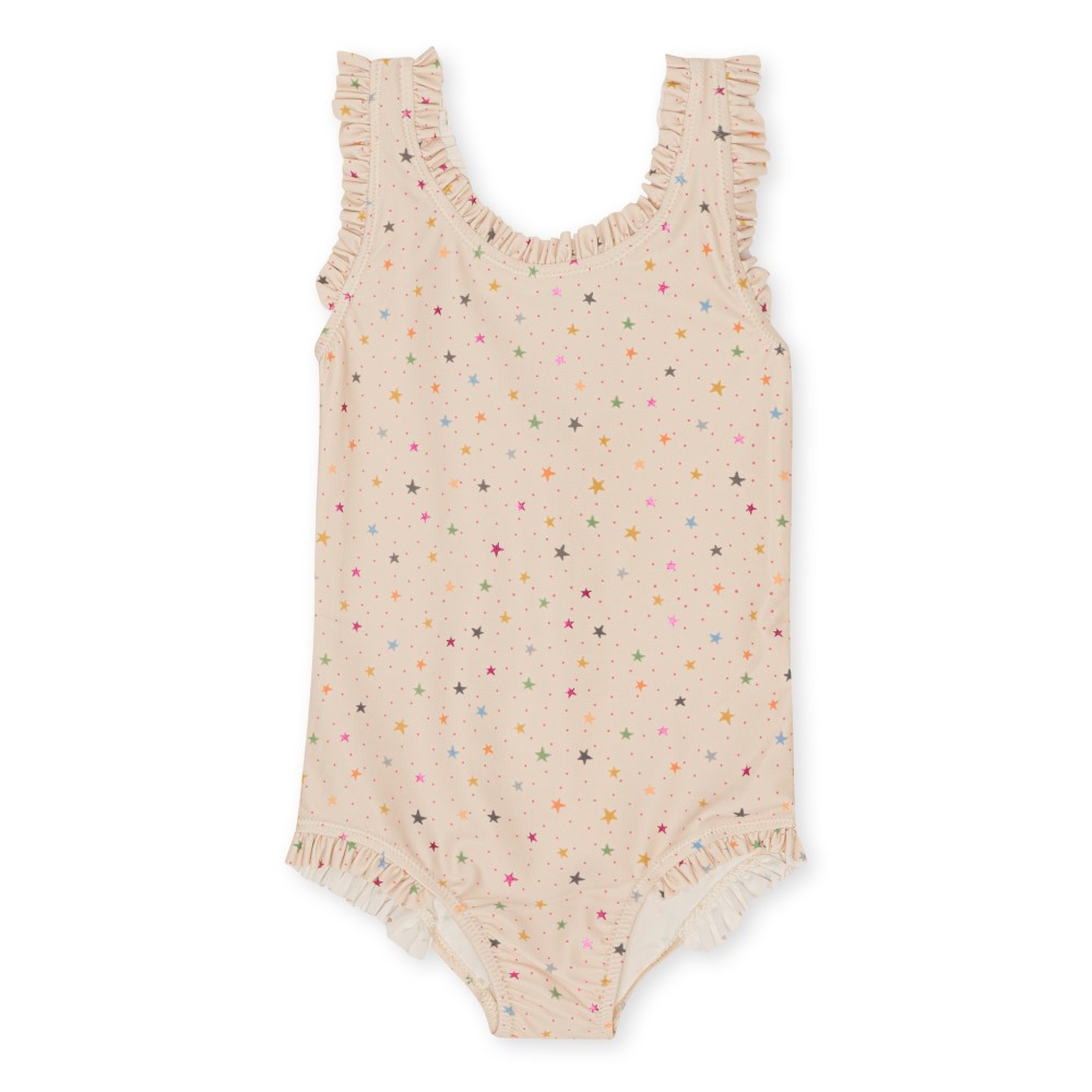 KS4726-TWINKLE-SWIMSUIT-STAR-MULTI-Extra-0 Beiger Mädchen-Badeanzug, bunte Sternchen, Rüschenärmel, Rüschen an den Beinausschnitten.