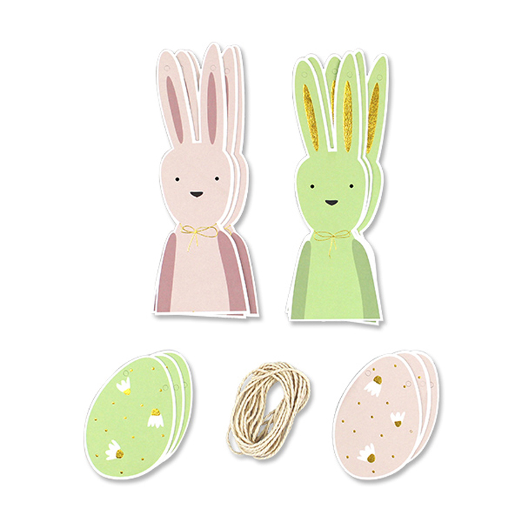 5475_Girlande_Ostern2_600x600 Papieranhänger Set, Osterhasenform, rosa und grün, mit gelber Schleife; ovale Anhänger in grün und rosa mit Blumenmotiven; Bindfaden dabei.