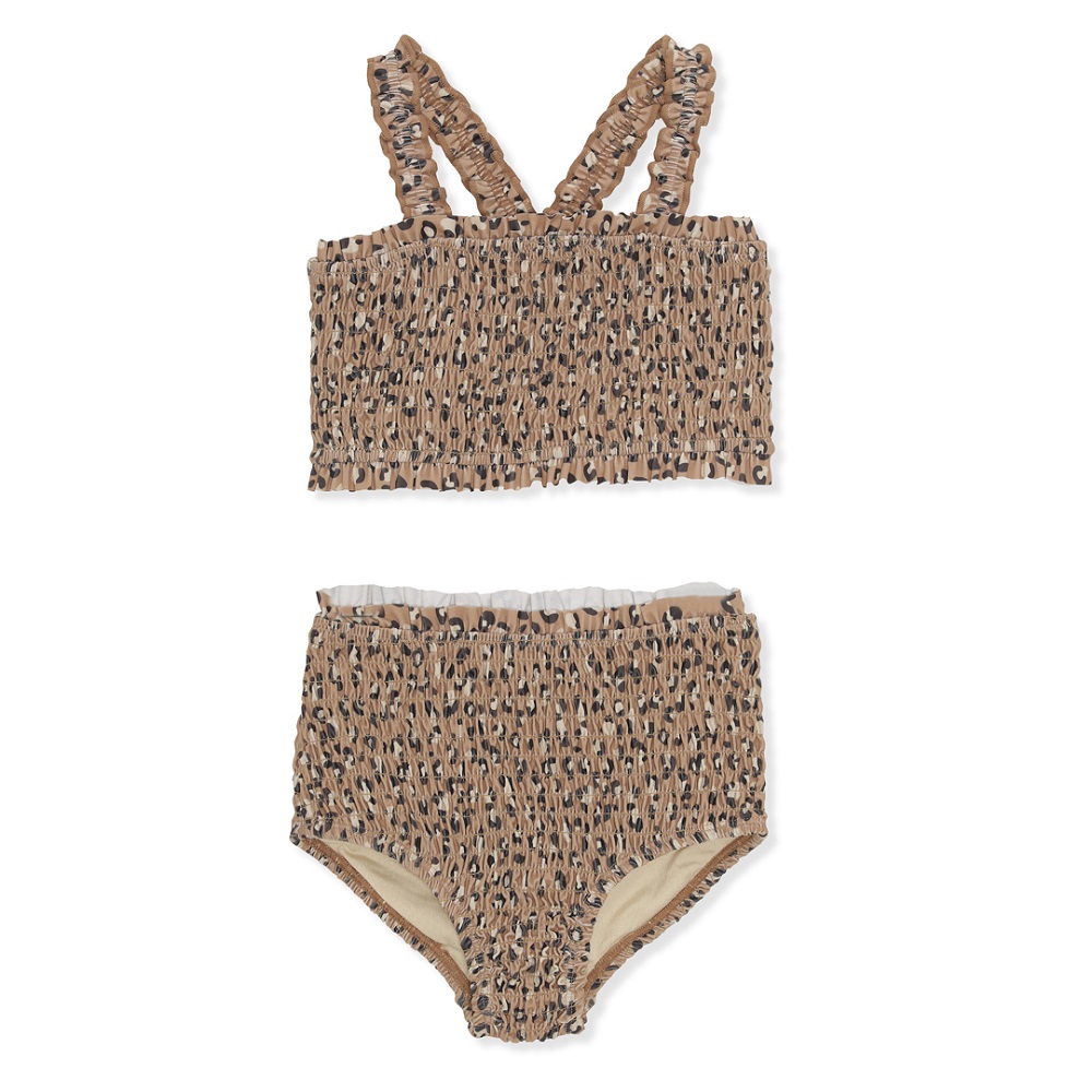 Bikini-Set; Oberteil mit Rüschen; braun-schwarzes Leopardenmuster; High-Waist-Slip; smocked Stoff.