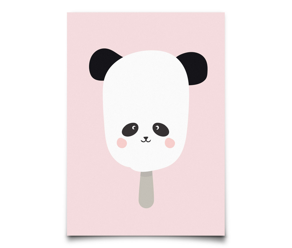 panda-pop Poster, Eis am Stiel, Pandabär-Design, rosa Hintergrund, schwarz-weiße Eisform mit Gesicht, schwarze Ohren, grauer Stiel.