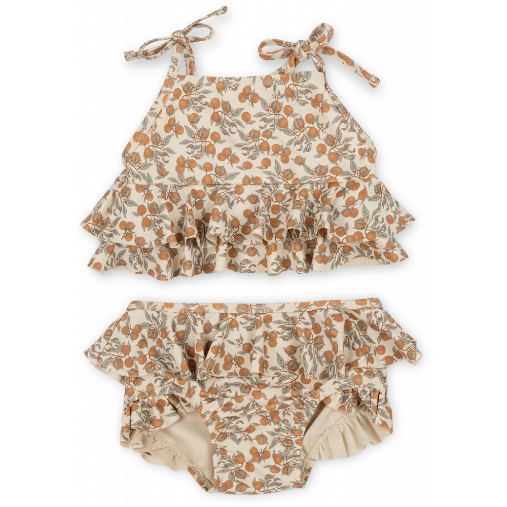 1024x1024-05b9a93d01a4da52873f8121323a9e93 Kinder-Bikini, beige, Orangendruck, Rüschen, Spaghettiträger mit Schleifen.