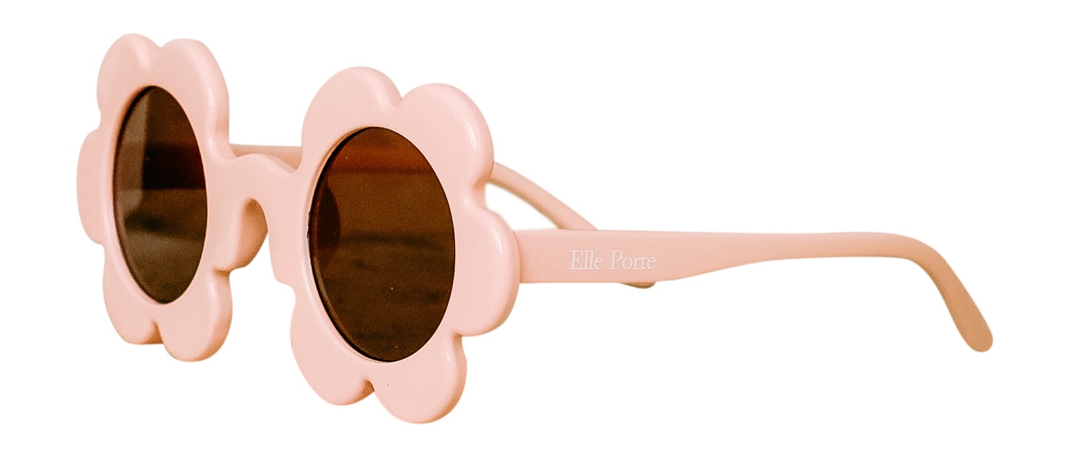 39ORANGEFIZZ Sonnenbrille, rosa, Blumenform, dunkle Gläser, Markenname auf Bügel.