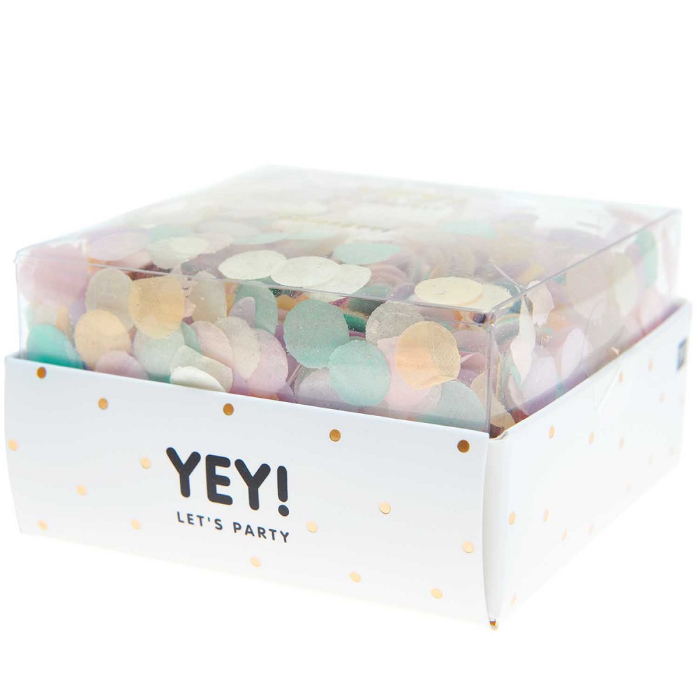 400013_2 Konfetti, Pastellfarben, rund, Verpackung mit Aufschrift „YEY! LET’S PARTY“, transparenter Deckel, weiße Box mit goldenen Punkten.