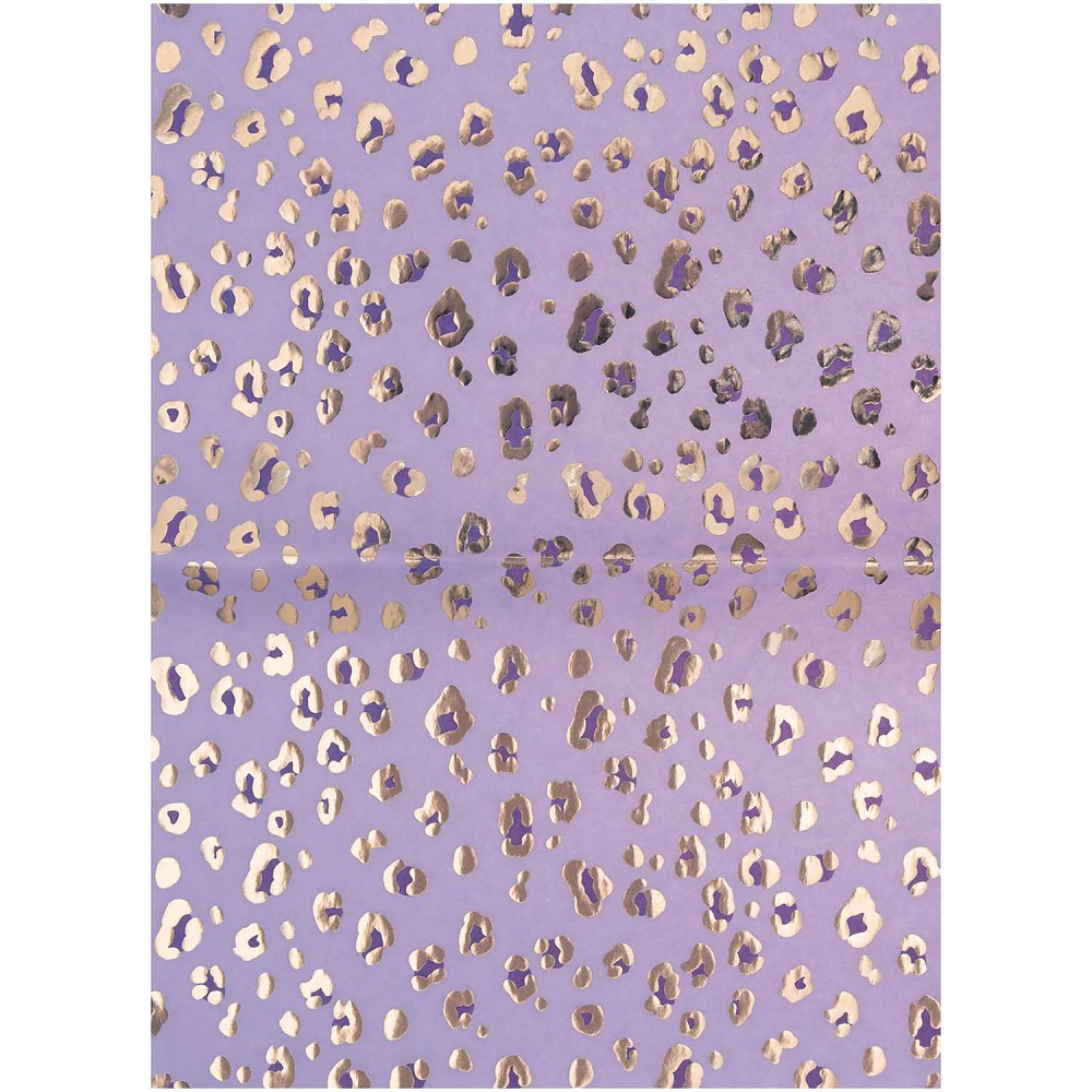 7009-244 Geschenkpapier, lila Hintergrund, goldener Leopardenmuster-Aufdruck.