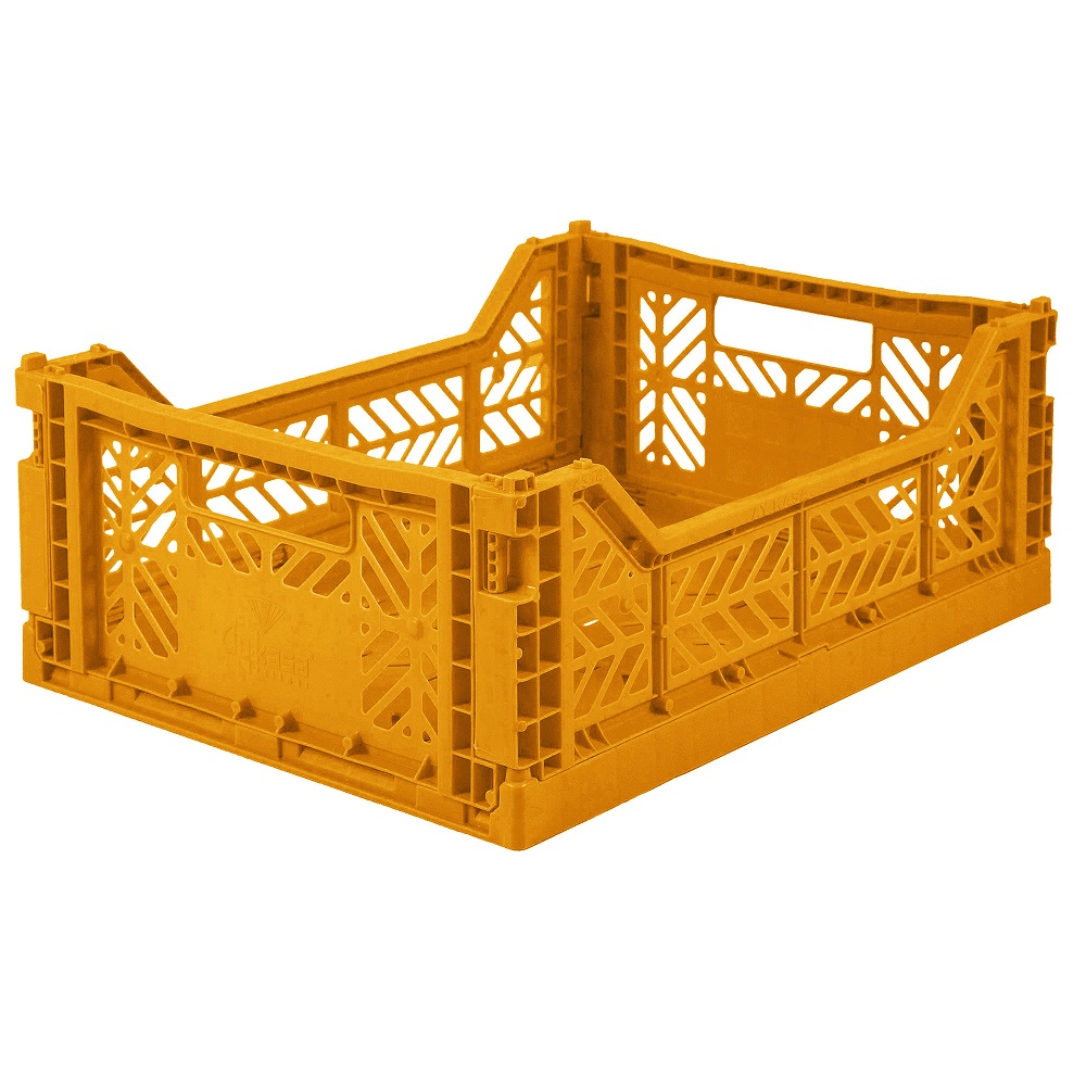 mustard-midibox Kunststoffkiste, gelb, faltbar, offene Seiten mit geometrischem Muster, rechteckige Form.