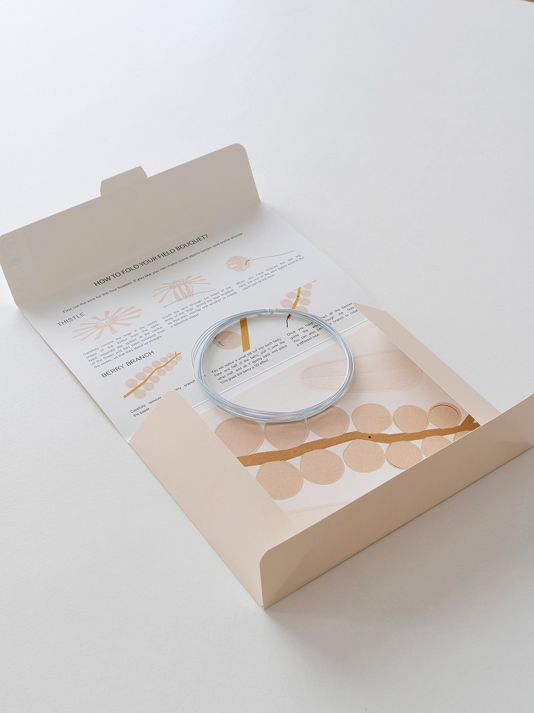 field-flowers-small-5 Bastelset; beige Verpackung; Drahtkreis; Blattfaltenanleitung; florale Illustrationen.