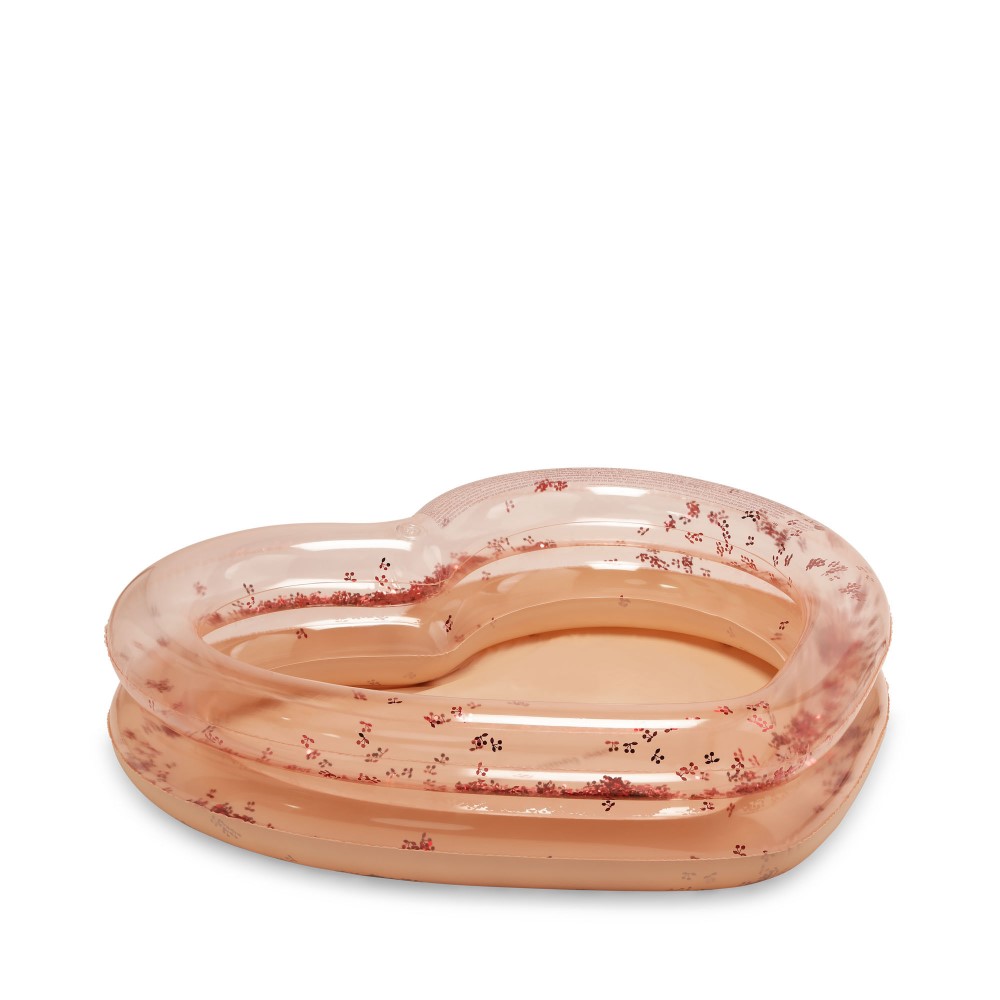 KS5195-HEART-POOL-BLUSH-TRANSPARENT-Extra-0 Herzförmiges aufblasbares Planschbecken, transparent mit kleinen roten Blumenmustern, rosa Boden.