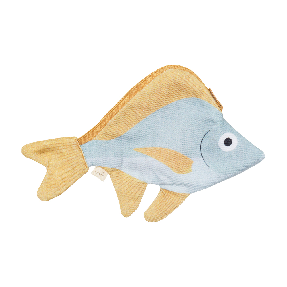 05131_1 Stofftasche, Fischform, blau-gelb, Reißverschluss, Auge aufgedruckt.