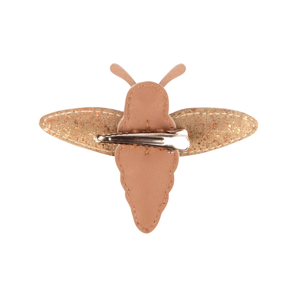 6003002_LE130_3 Haarspange, Insektenform, hellbraun, goldene Flügel mit Glitzer, Metallclip.