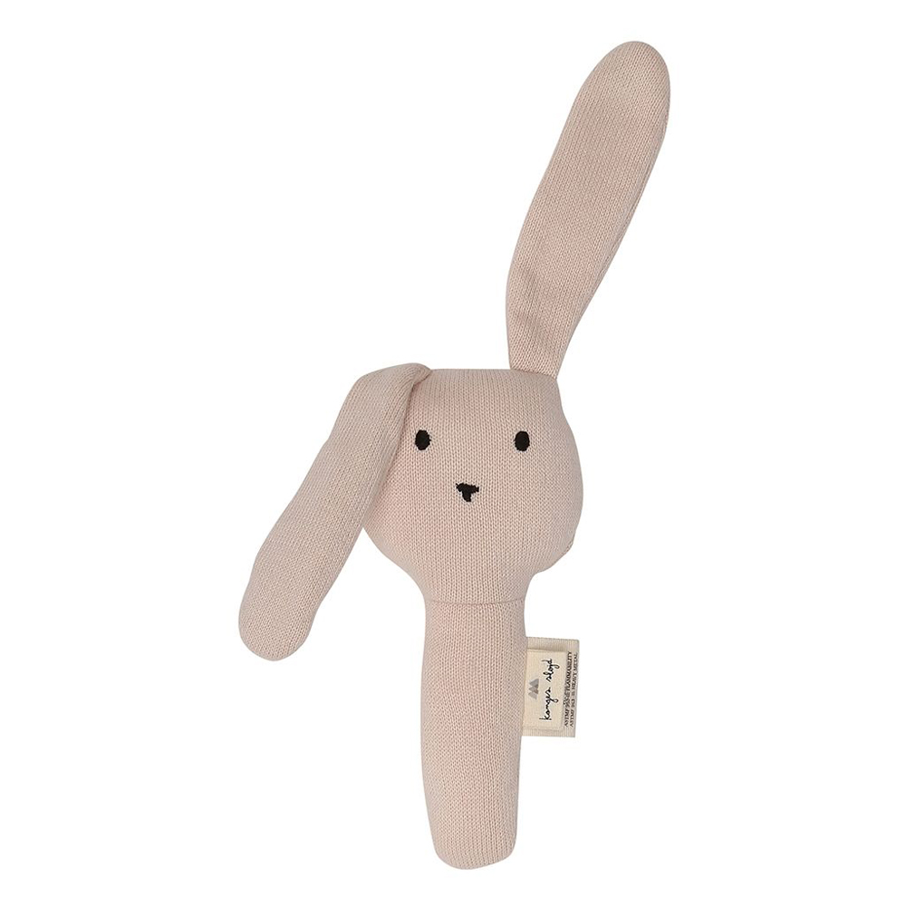 KS1024-LIGHT-ROSE-Main Stofftier Hase, beige, langer und kurzer Ohren, gesticktes Gesicht, angenähtes Etikett.