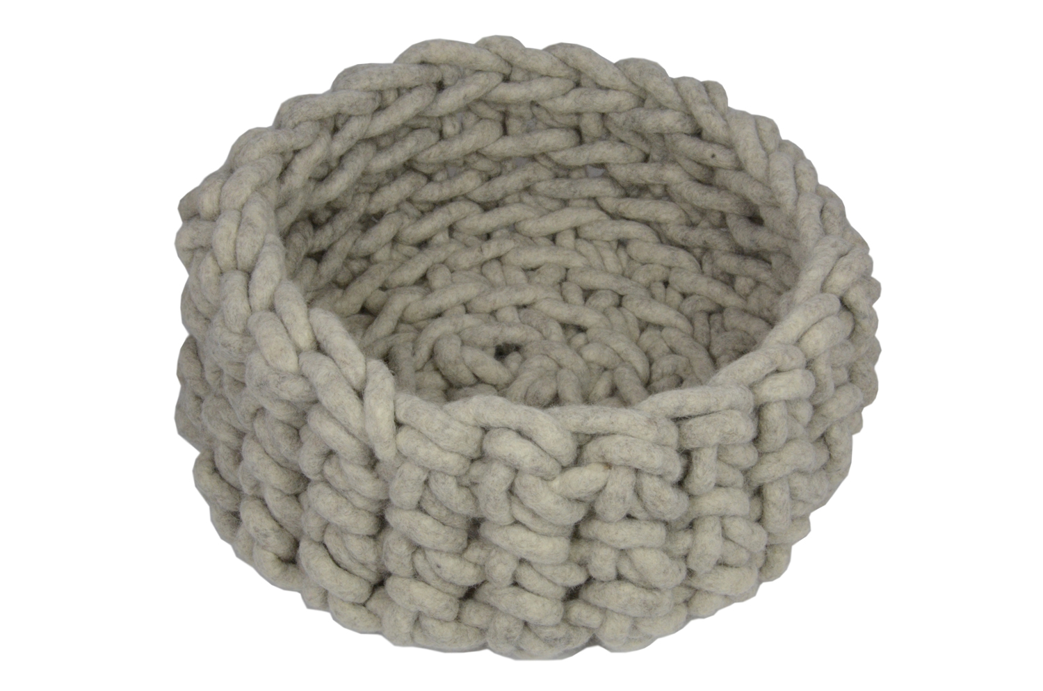 Mittlerer-Grauer-Korb Korb, rund, grob gestrickt, beige, Wollmaterial.