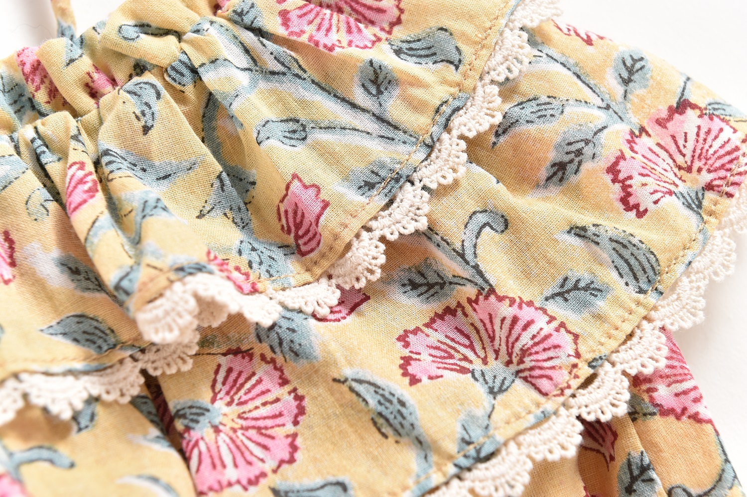 baby-girl-rompers-kumal-lemon-flowers-3 Beigefarbenes Kleid, geblümtes Muster in Pink und Grün, Spitzenborte, Faltenstruktur.