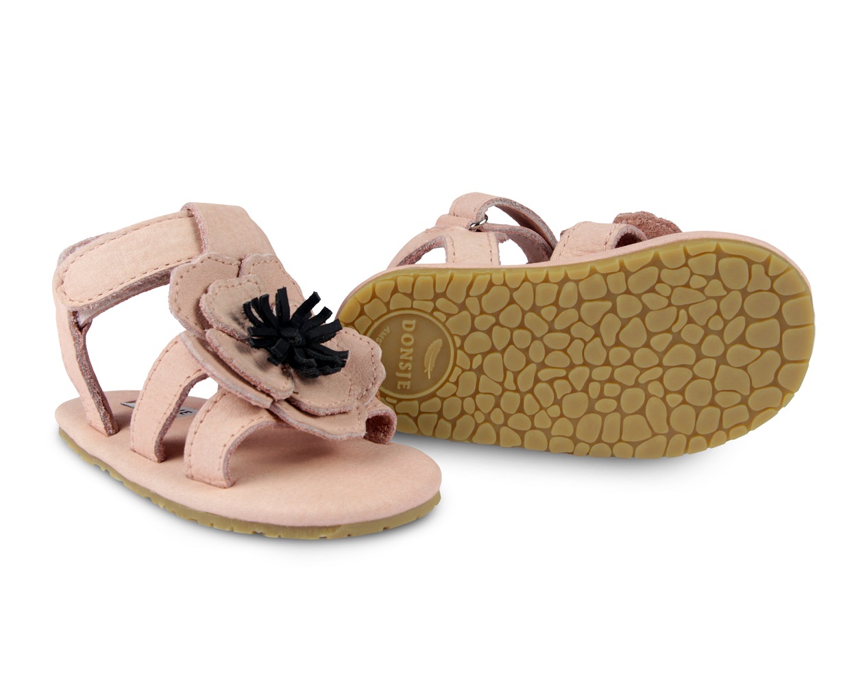 Tuti-Fields-Anemone-RS Kinder-Sandalen, rosa, Blumenapplikation, schwarze Mitte, Klettverschluss, rutschfeste beige Außensohle mit strukturierter Oberfläche.