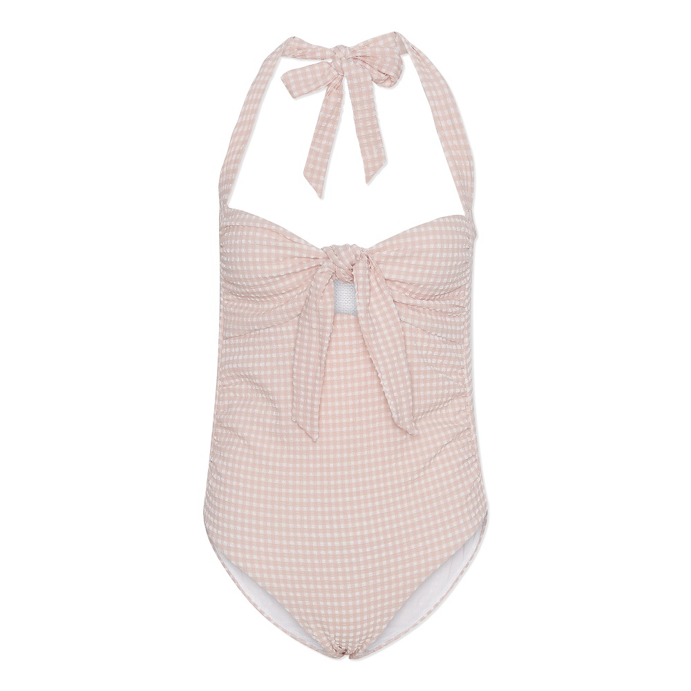 KS2919-FRESIA-MAMA-PREGGI-SWIMSUIT-ROSE-SMOKE-Extra-0 Badeanzug, hellrosa, kariertes Muster, Halterneck, Schleifendetail vorne.