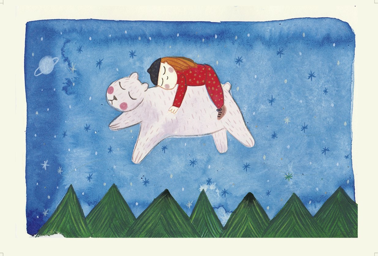 06_RED Illustration, schlafendes Kind in rotem Pyjama, reitet weißen Bären, blauer Sternenhimmel, grüne Berge.
