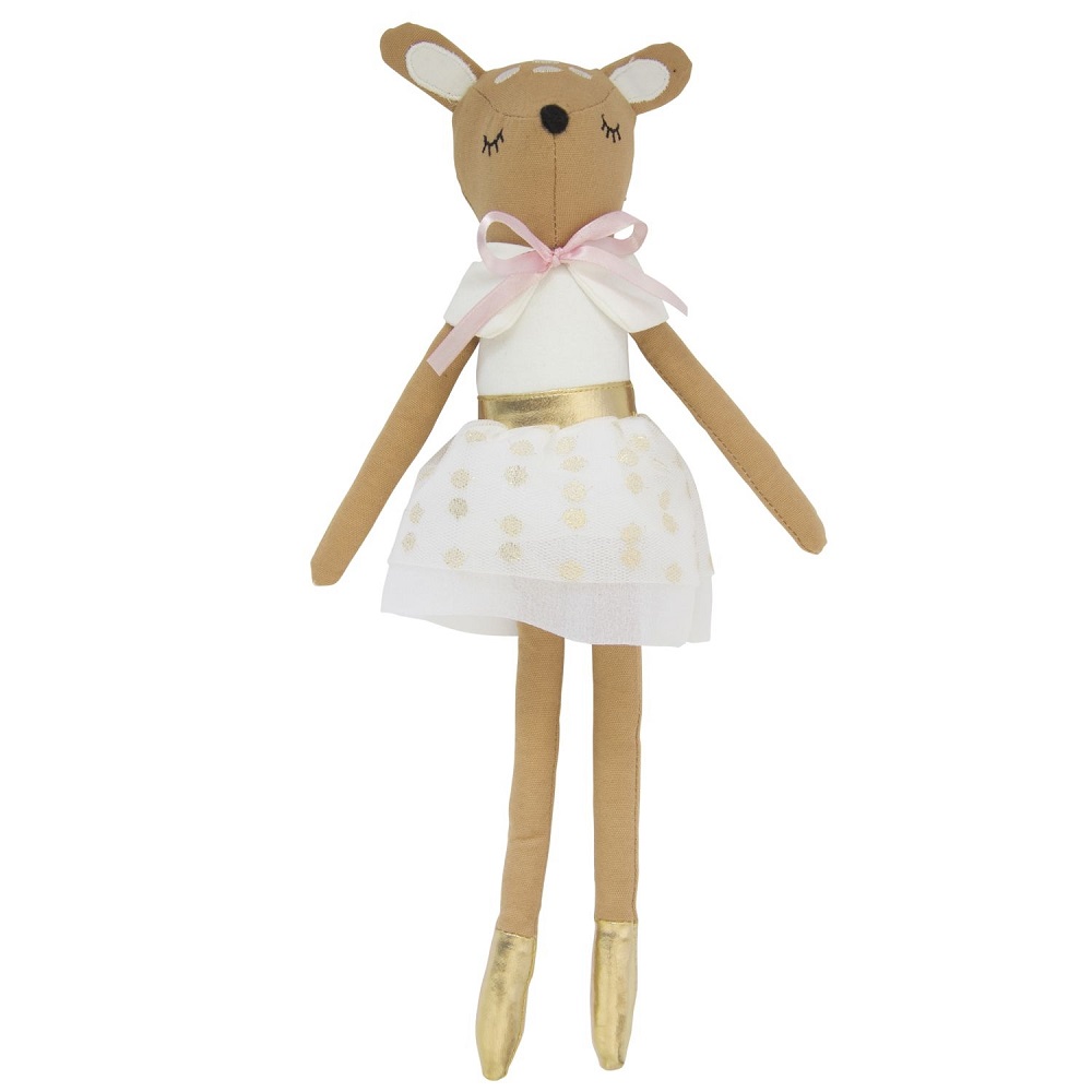 9522107-Schlenkerpuppe-Reh-1 Stoffpuppe, Reh-Design, braun, weiß-goldener Tüllrock mit Punkten, goldene Ballerinas, rosa Schleife.