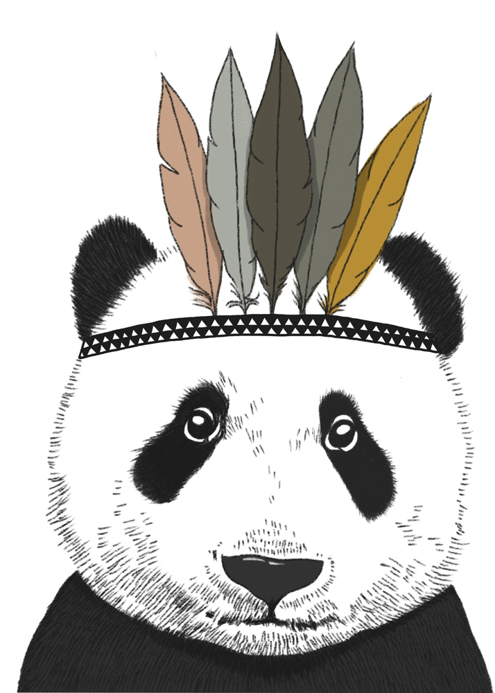 indian-panda-A358860f39d0299 Panda-Illustration mit Kopfband, fünf Federn in Braun-, Grau- und Gelbtönen, schwarz-weißes geometrisches Muster auf Kopfband.