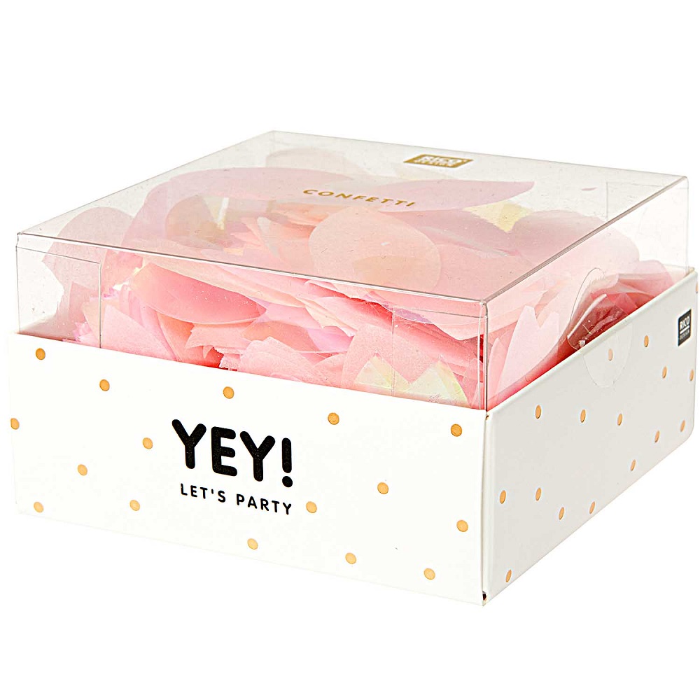 99001-63-96_2 Konfetti, rosa, runde Formen, Verpackung aus transparentem Kunststoff und weißem Karton, Aufdruck "YEY! LET'S PARTY", goldene Punkte auf Karton.