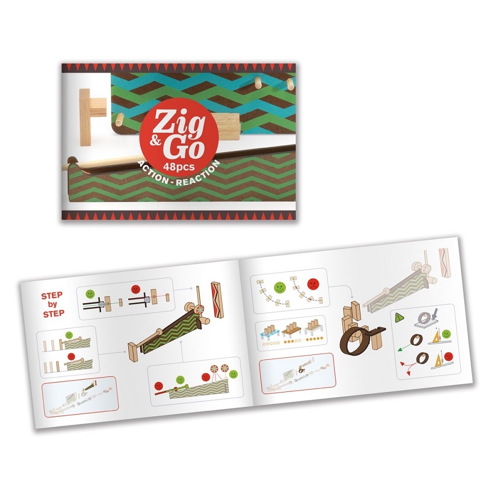 DJ05644-Zig-Go-5644-48-Teile-4 Bauset Spielzeug, 48 Teile, Holzelemente, Zick-Zack-Muster, Anleitung, farbige Aufdrucke, Action-Reaction Spielprinzip.