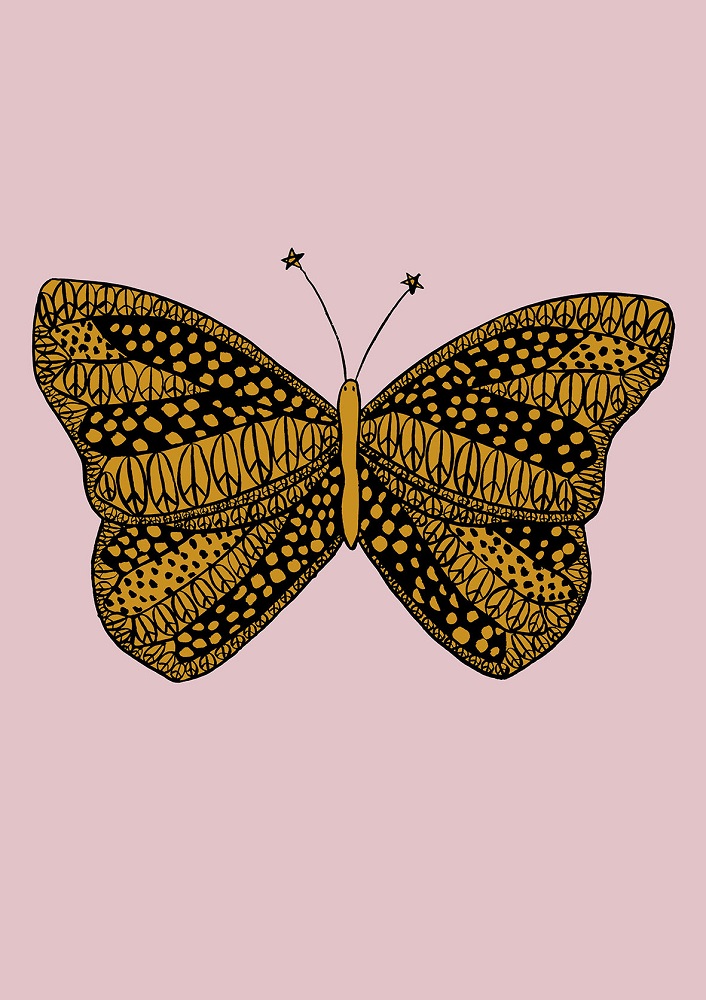 pinkpeacebutterflylowres Schmetterlings-Illustration, goldene und schwarze Musterung, rosa Hintergrund, feine Details, sternförmige Fühlerenden.