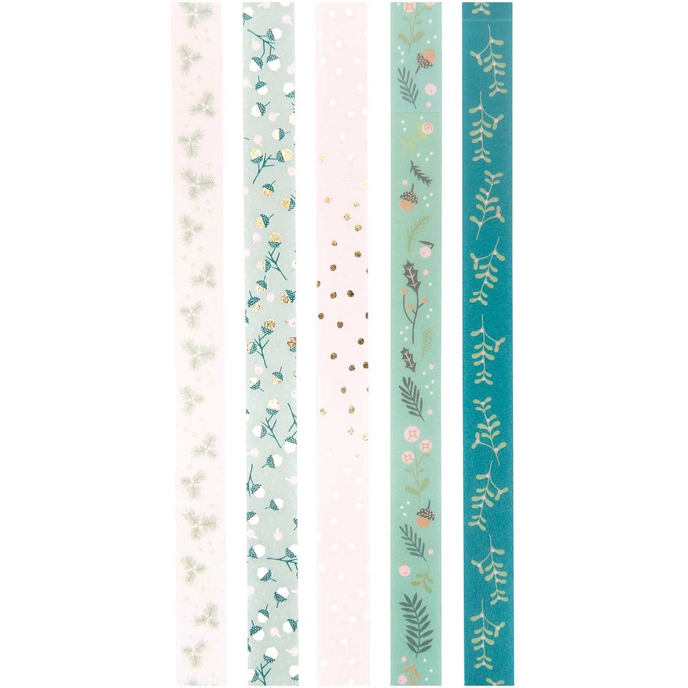 99001-65-71_4 Masking Tape Set, fünf Rollen, verschiedene Designs, Farben: grün, blau, weiß, gold, Muster: Blumen, Punkte, Zweige.