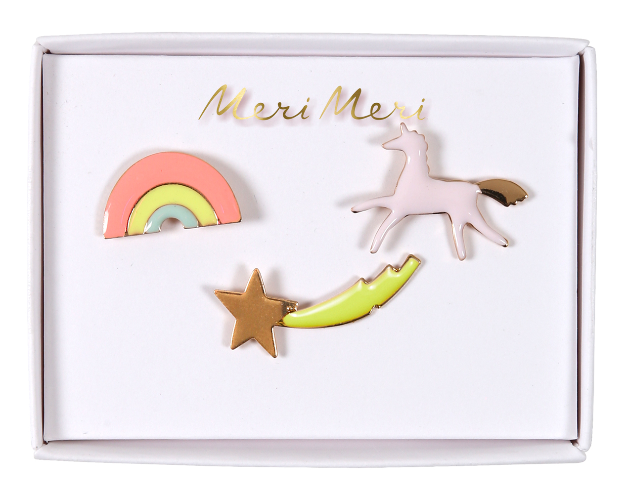 50-0153 Buntes Anstecknadel-Set, Motive: Regenbogen, Einhorn, Sternschnuppe; Farben: Pastellrosa, Gelb, Gold, Grün; Verpackung mit Schriftzug "Meri Meri".