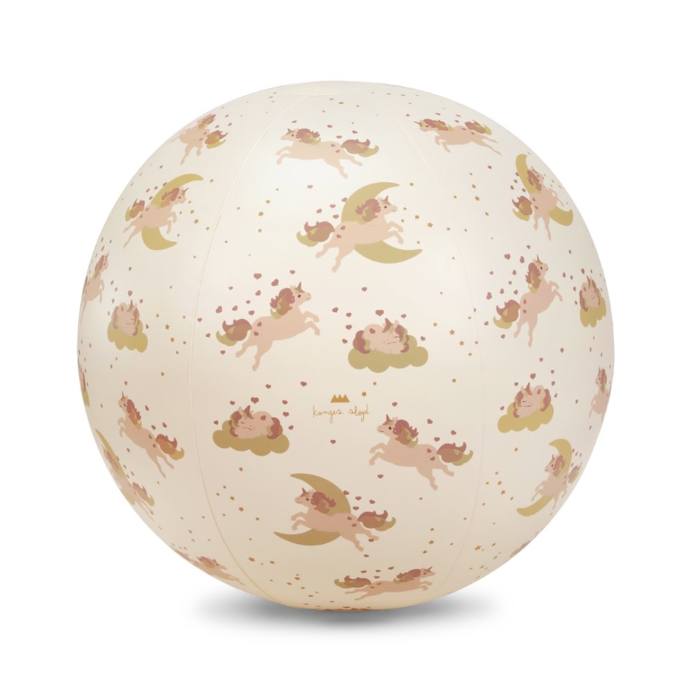 KS4868-BEACH-BALL-UNICORN-Extra-0 Aufblasbarer Ball, cremefarben, Aufdruck mit Einhörnern, Wolken und Monden, dekorative Herzen und Sterne, verspieltes Design.