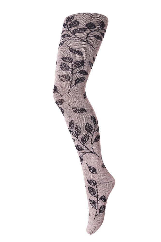 39066_870 Strumpfhose, rosa, schwarzes Blattmuster.