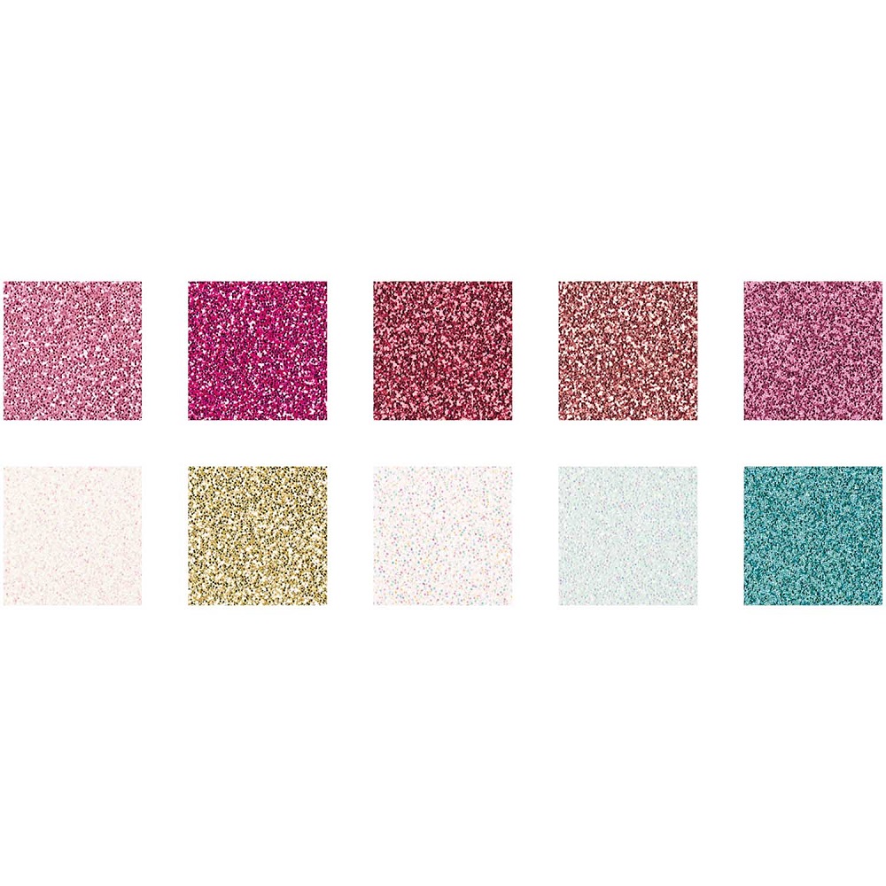 99001-50-63_2 Glitzerpuder Sets; zehn Farben; Rosa, Rot, Lila, Gold, Weiß, Pastelltöne; quadratische Behälter; glänzende Oberfläche.