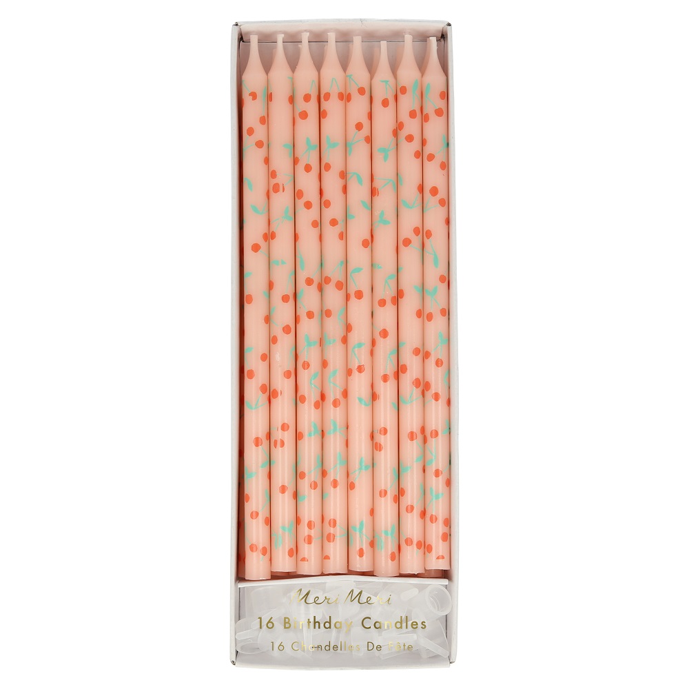 216001a_21E Geburtstagskerzen, rosa, Kirschmuster, blaue Akzente, Packung mit 16, Neri Meri-Logo.