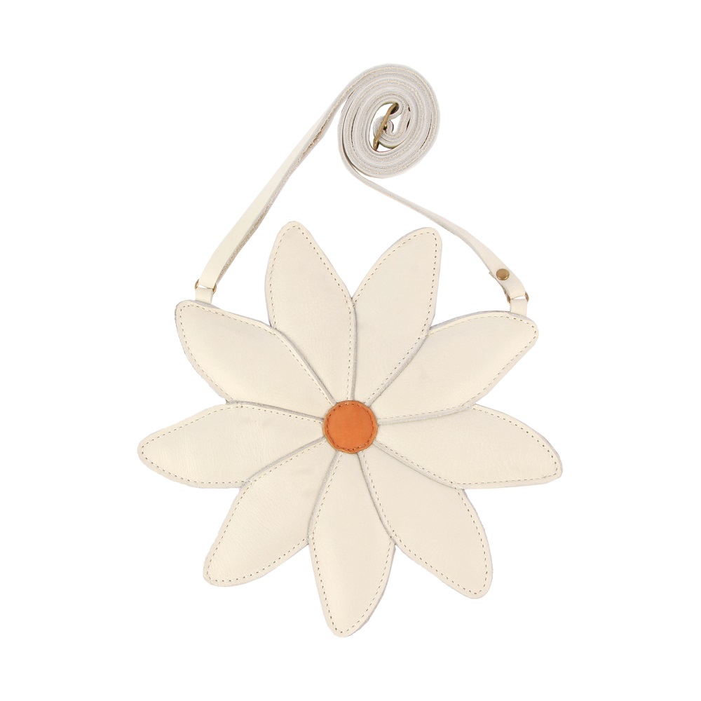 5003004_LE060_1 Umhängetasche, Blumenform, cremefarben, brauner Mittelteil, verstellbarer Riemen.