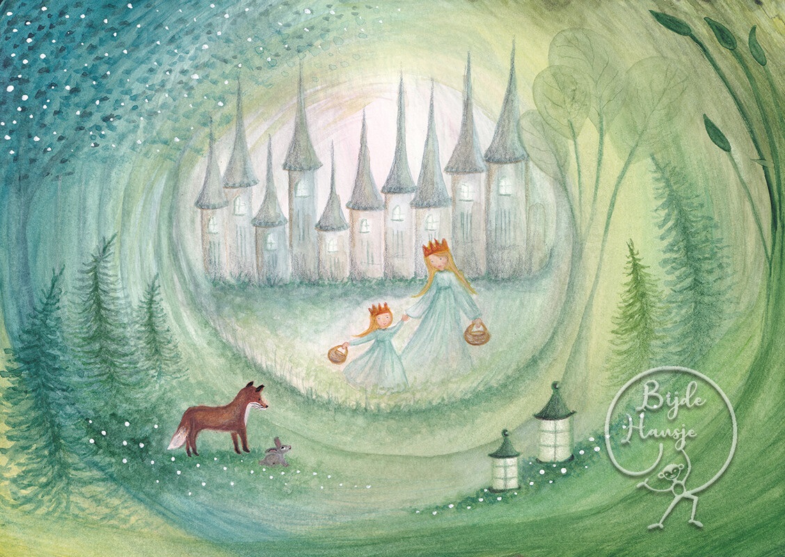 Princes-1 Märchenhafte Illustration, Königin und Kind mit Krone in blauen Kleidern, zwei Körbe tragend, Schloss im Hintergrund, Waldumgebung, Fuchs und Kaninchen, Lampions, aquarellierte Farben.