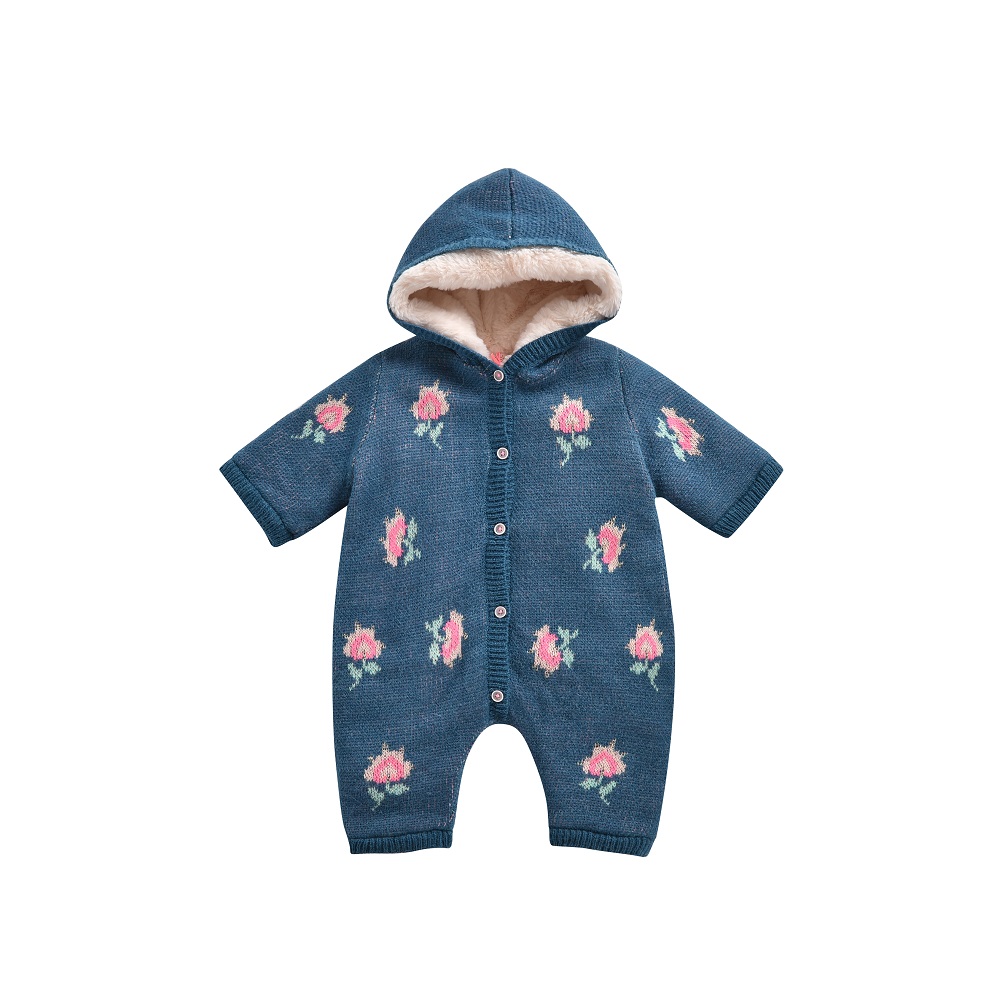 babypilotjumpsuitpucalagoon2 Babystrampler, blau, Blumenmuster, Kapuze, Knopfleiste, weiches Innenfutter.