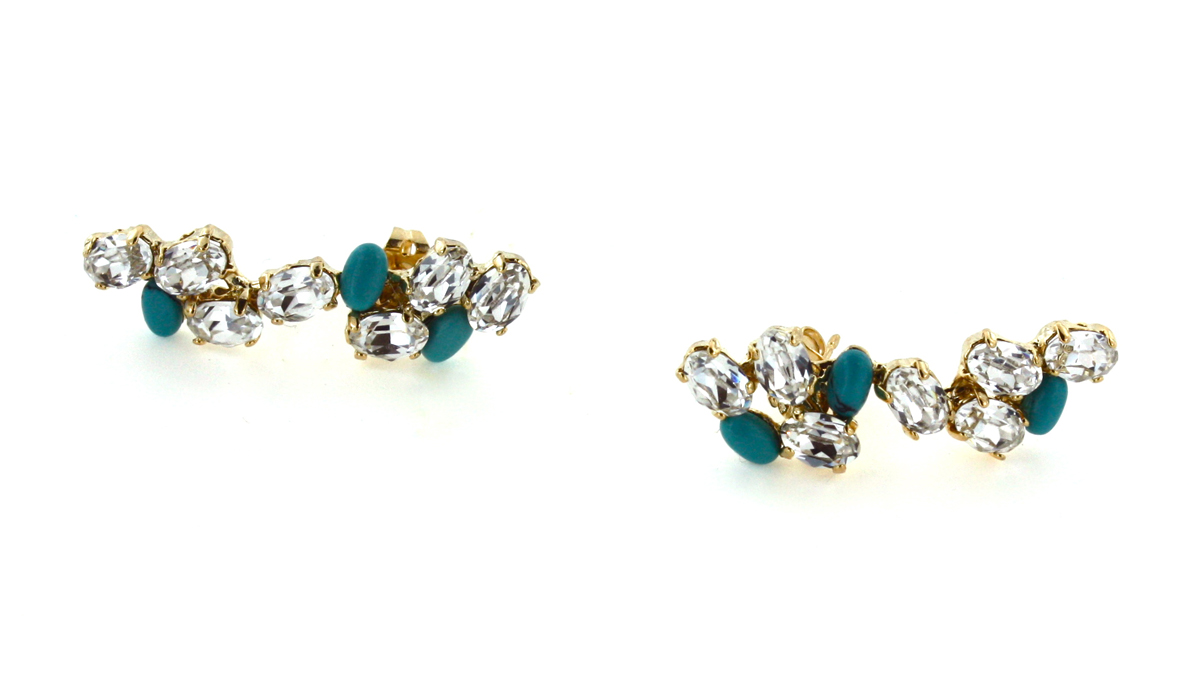 e-s08-gt Ohrringe, goldfarben, kristallklare Steine, türkisfarbene Akzente, Ohrstecker.