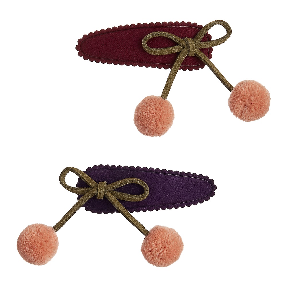 Pom-pom-cherries-clic-clacs-802033-77 Haarspangen-Set, rot und lila, Filzmaterial, goldene Schleifen, rosa Pompons, länglich, verspieltes Design.