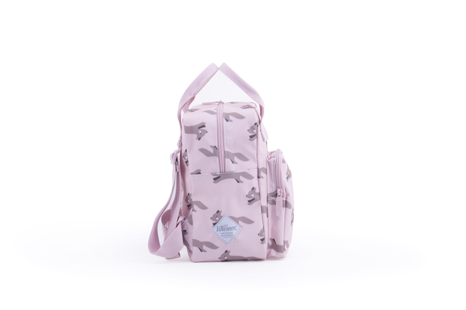 RGR_EefLillemor_backpack-fox_Pink_Side Rosa Kinderrucksack, Fuchs-Design, zwei Tragegriffe, Seitenfach mit Reißverschluss, Stoffoberfläche.