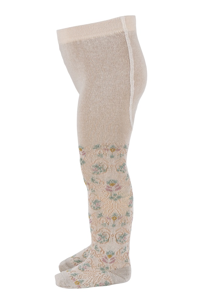 10_37089_0_4109 Kinderstrumpfhose, beige, florales Muster, pastellfarbene Blumen, dehnbares Material.