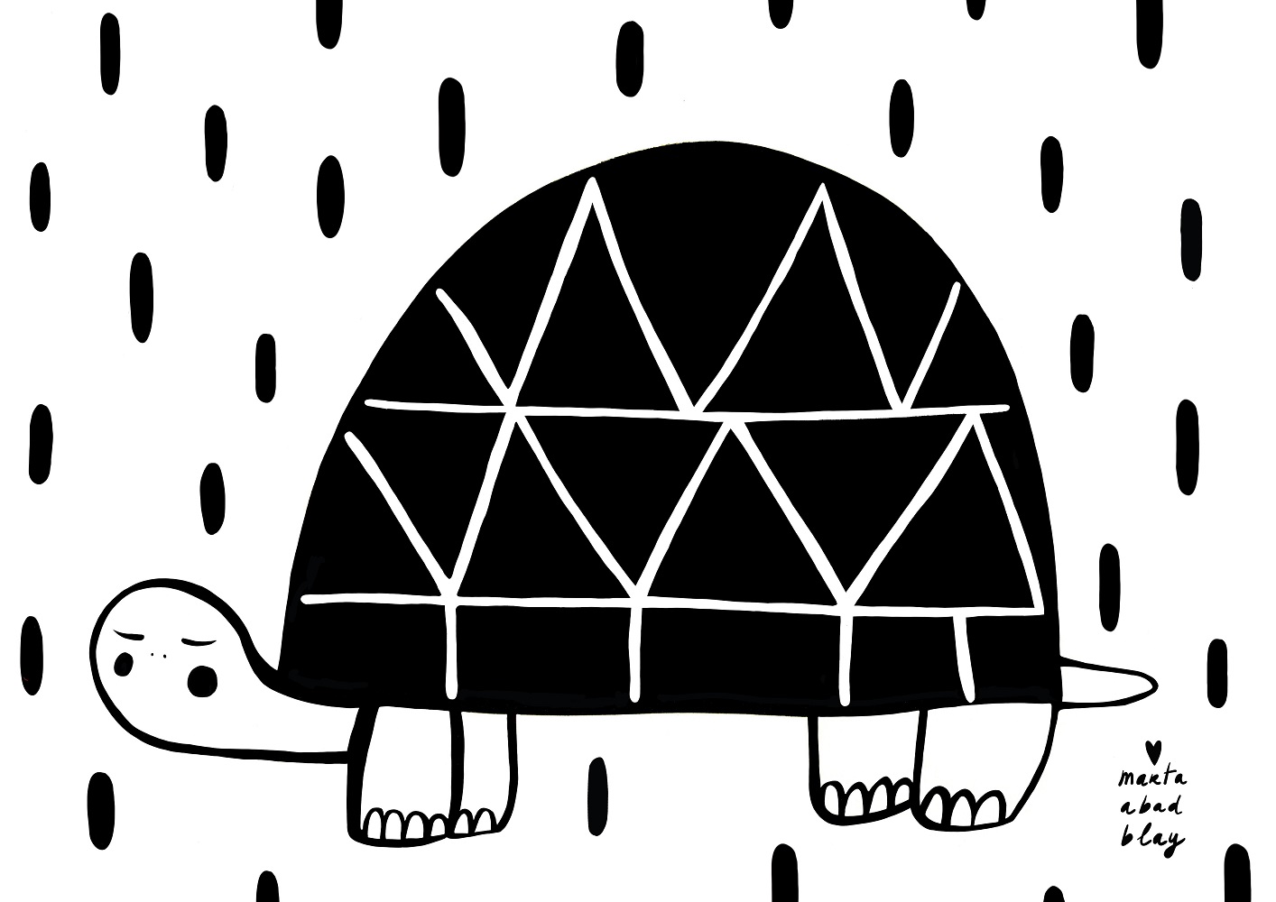 81530-30b3a867ef4a4915aba4863568bf6708 Schildkröten-Illustration, schwarz-weiß, geometrischer Panzer mit Dreiecksmuster, Hintergrund mit schwarzen Linien und Ovalen, minimalistischer Stil.