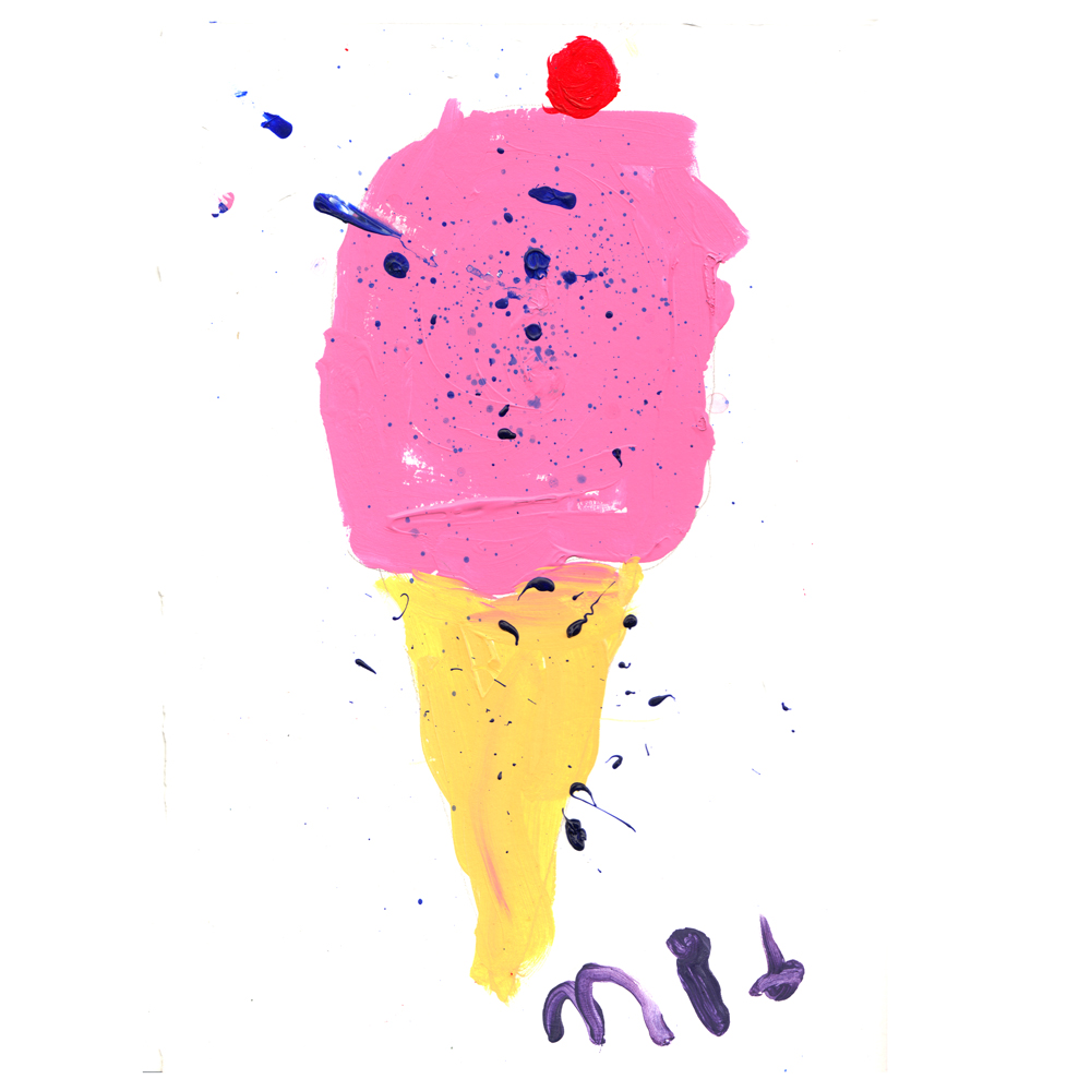 helado Eiscreme-Zeichnung, rosa Kugel, gelbe Waffel, blauer Spritzer, rote Kirsche, abstrakter Stil.