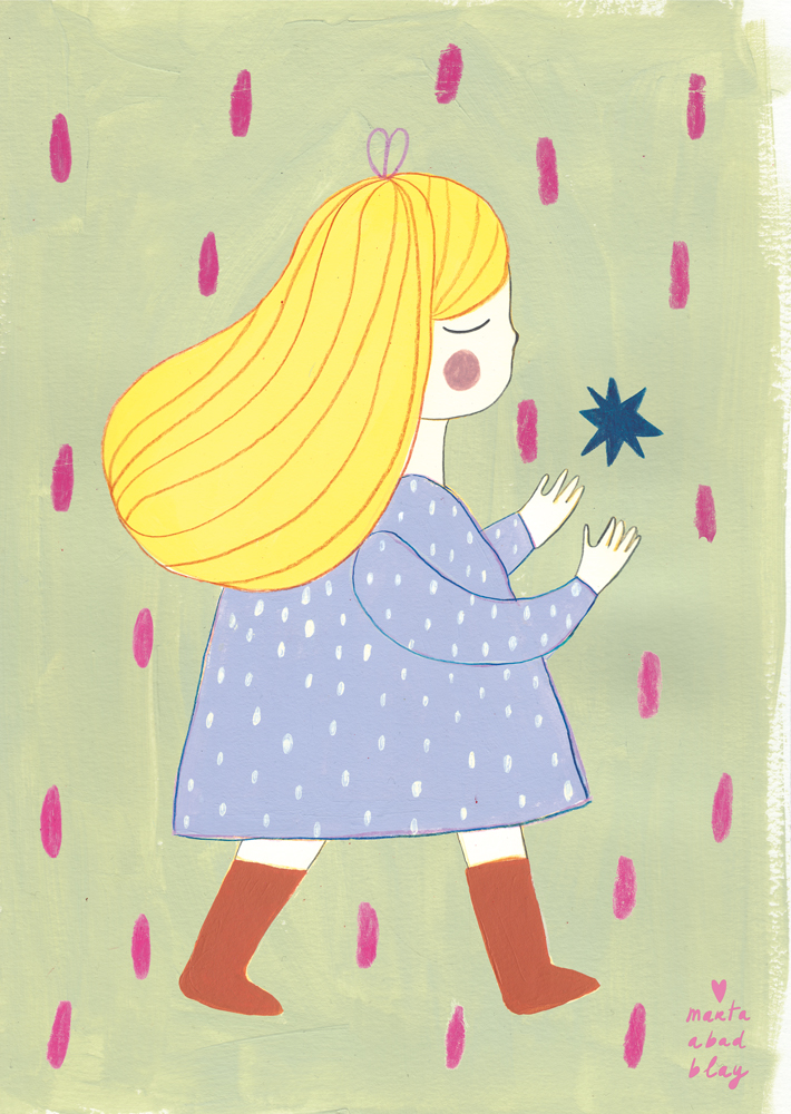 christine_A3_SAXO Illustration, Kind in lila Kleid mit Punkten, lange gelbe Haare, rote Stiefel, grüner Hintergrund, pinke Ovale, hält blauen Stern.